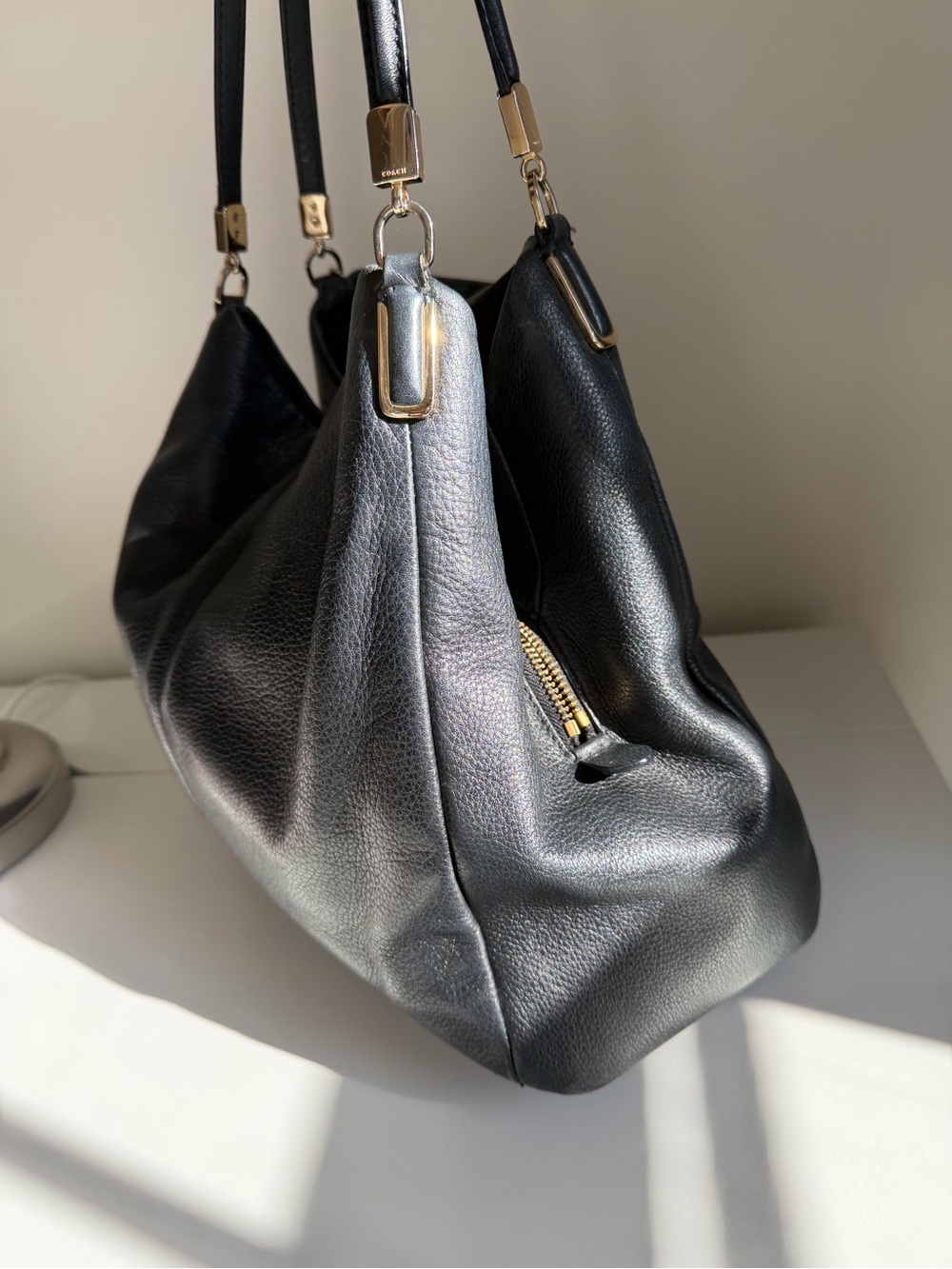 COACH Pheobe Hobo Black Leather Shoulder Bag with Gold Hardware